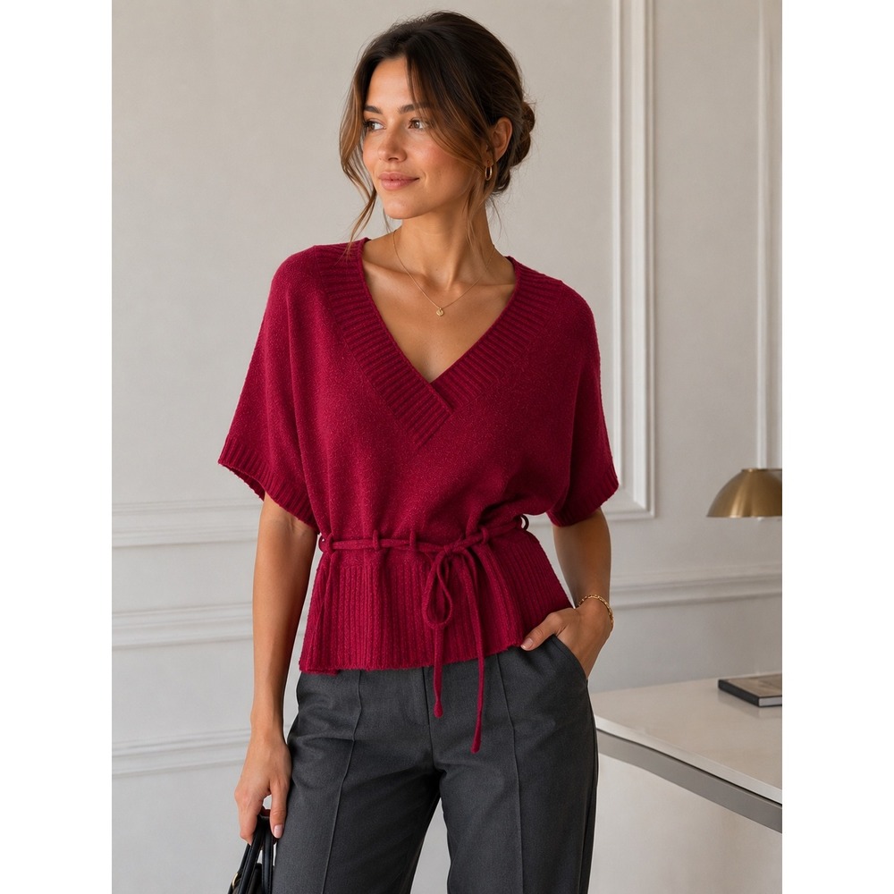 Decree Women's V-Neck Medium Belted Soft Knit Sweater Burgundy Red Boho Top
